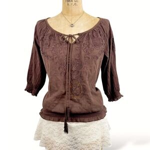 Boho Womens S Embroidered Peasant Blouse Brown Tassel Cynthia Rowley Vintage